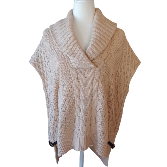 Saks Fifth Ave Wool Blend Cream Cable Knit Cowl Sweater with Side Belts Small - Picture 16 of 16